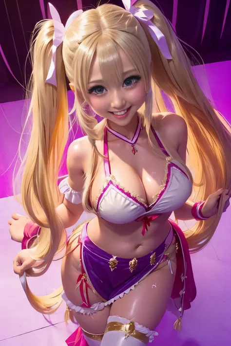 one girls、long twintail, show white teeth and smile, a blond、red big ribbon、big、purple costume、tored、belly dancer、dance、dance fl...