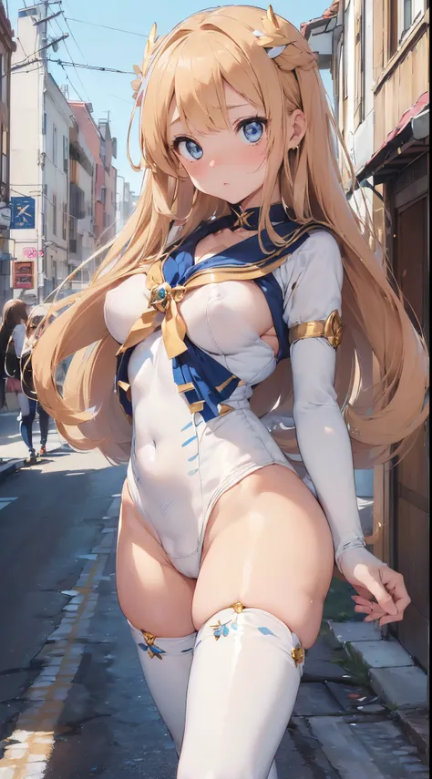 1womanl,Golden head hair,12year old ,((Impatient expression)),Beautiful breasts,(((Sexy magical girl white and blue high-leg bodysuit)))(())(((Blushing cheeks、Surprised look)),((())),((( portlate))),Blue eyes,(((Bangs are aligned)))()Street,Crowds(magical ...