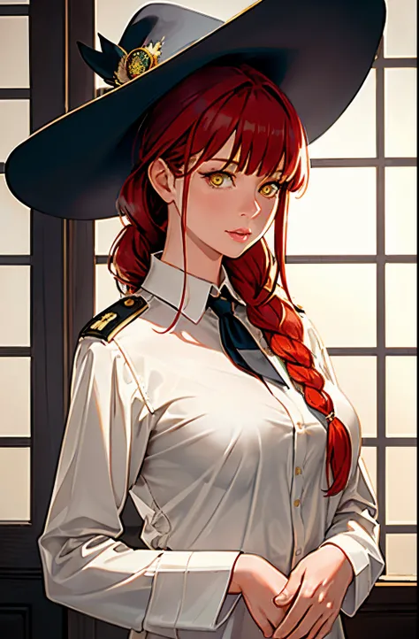 , Medium tits, masterpiece, (photorealistic:1.4), best quality, beautiful lighting, large witch hat, admiral long coat, shoulder badge, (ulzzang-6500:0.5), makima (chainsaw man), (red hair)+(single long braided hair)+(bangs), yellow eyes, golden eyes, ((ri...