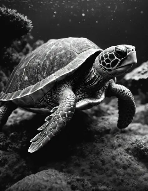 （Black and White Ultra HD Photography），（black and white photography），turtle，reef，rained，rain on fur, Focus sharp, iintricate, ZBrush, hight contrast, high dynamic light, The content is very detailed, 3D, Ray traching, unreal-engine, Octagon rendering