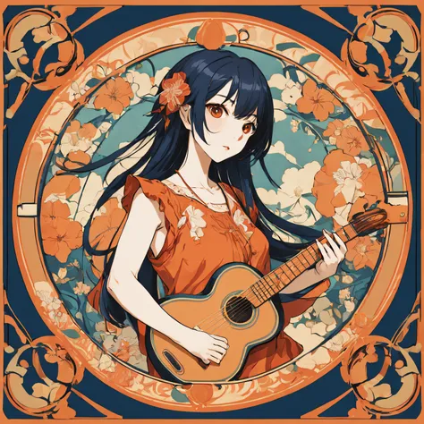 Japanese cartoon, CD sleeve design , CD cover , fo , guitar , in an art nouveau style , pentagon, pretty eyes