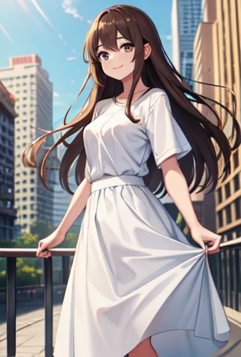 1girl, long brown hair, wearing plain white shirt, long skirt, city, high res, ultrasharp, 8k, masterpiece, looking at viewer, smile