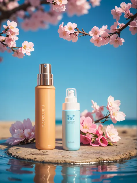 (super realistic scene, makeup bottle, cherry blossom background, blue sky background, water, sunlight, low perspective, blender, product rendering, HD 8K, vivid colors, ultra-detailed)