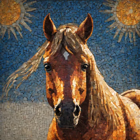 portrait of a horse ,radiant mosaic:1.2, Catch the sun:0.8, Inject warmth and energy into a space like shards of glass:0.4 Flash and dance.