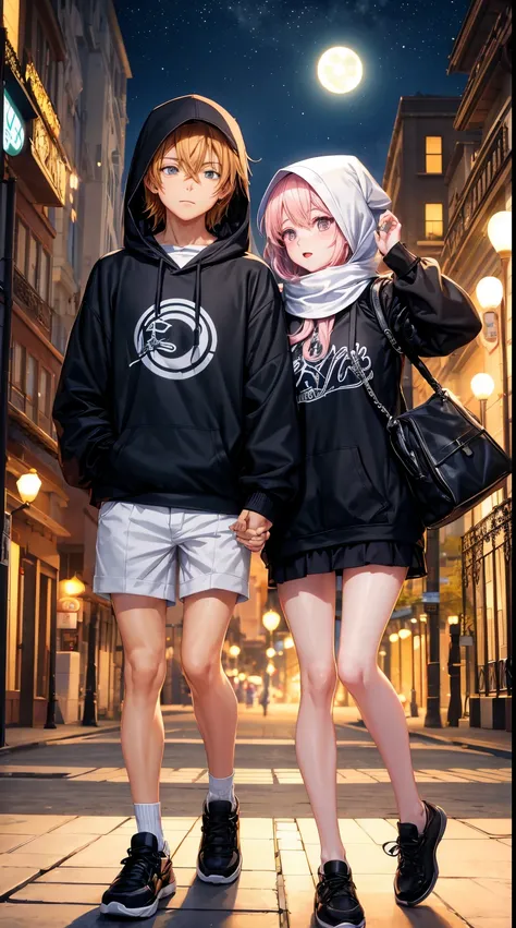 A pair of lovers from 3D anime characters, together in the park together. men wear hoodies, women wear black hijabs, at night the background is a bright moon