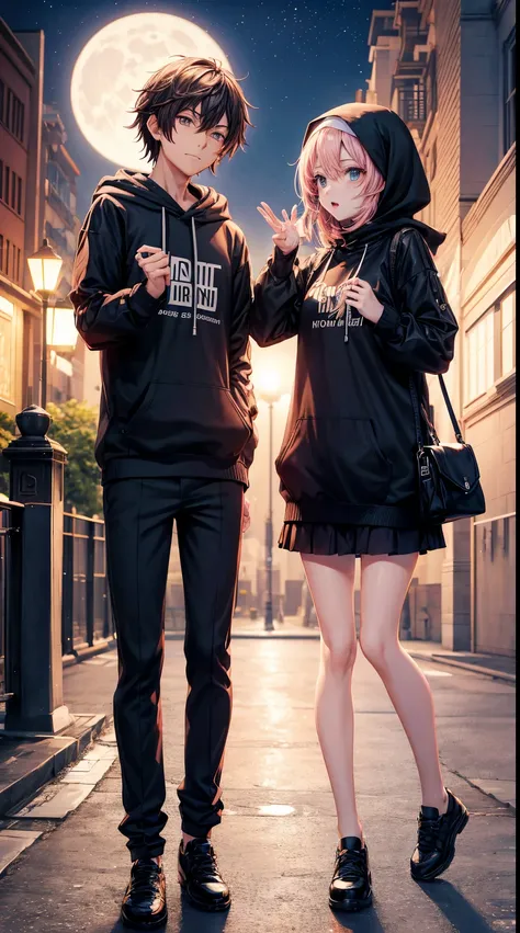 A pair of lovers from 3D anime characters, together in the park together. men wear hoodies, women wear black hijabs, at night the background is a bright moon