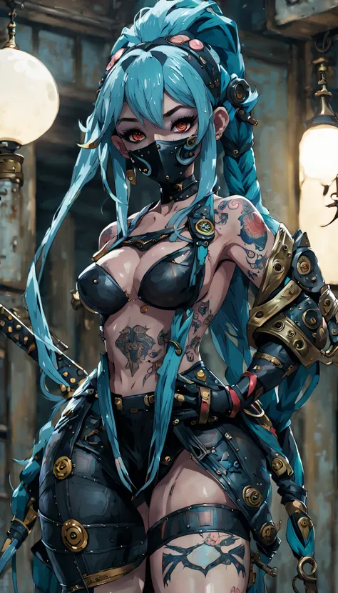 style of anime, sci-fy ,japanese assassin lord , latex , tobey pants, mouth mask, leg tattoos, tattooed with,aqua hair, braided ...