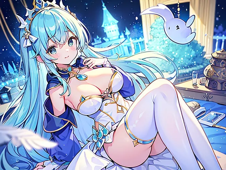 1 woman、Hair that shines like pale aquamarine、fluffy and soft hair、Sparkling aquamarine eyes、爆乳、Too large breasts、Seductive breasts、Sheer underwear、Tiara of the Goddess、goddess god々Feeling、lace cape、aquamarine choker、Castle Room、Long Lace Bale、Ruffles and ...