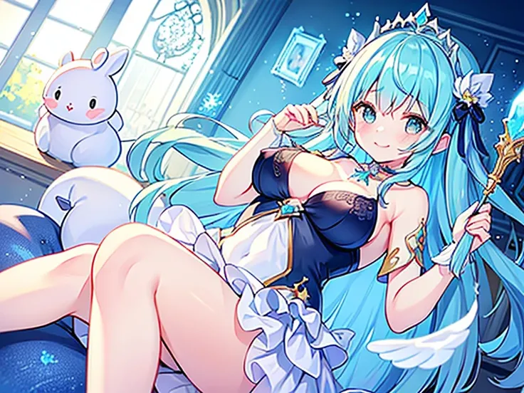 1 woman、Hair that shines like pale aquamarine、fluffy and soft hair、Sparkling aquamarine eyes、爆乳、Too large breasts、Seductive breasts、Sheer underwear、Tiara of the Goddess、goddess god々Feeling、lace cape、aquamarine choker、Castle Room、Long Lace Bale、Ruffles and ...