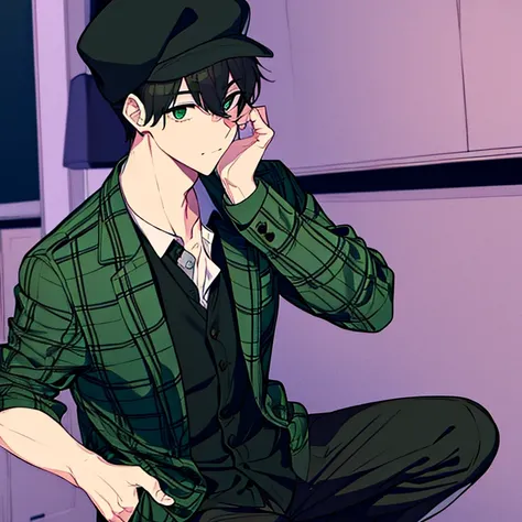 A boy wearing a black plaid shirt, with a green jacket, with a black hat, black trousers, green trouser straps, green shoes,