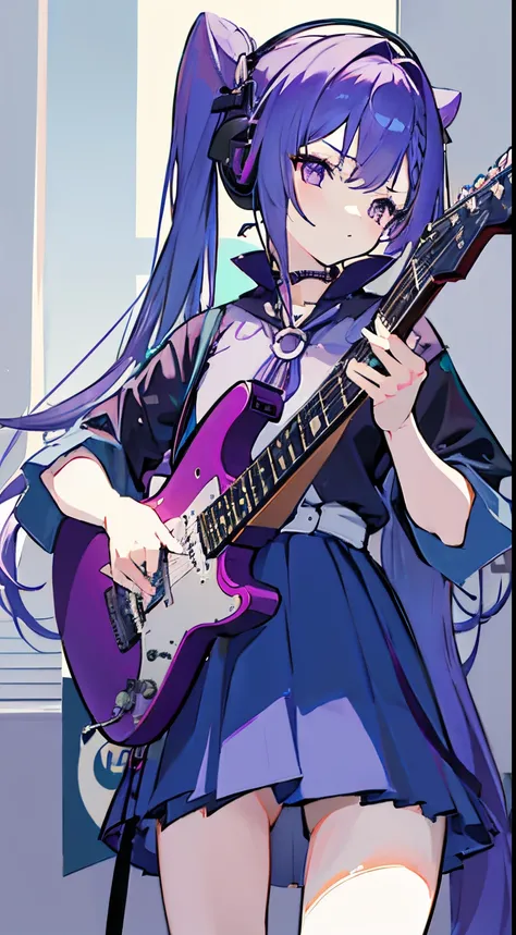 ((masutepiece, Best Quality))1girl in, Solo, Black Dress, Purple eyes, electric guitar, Guitar, headphones, double ponytails, Holding, holding plectrum, musical instrument, Long hair, Music, One side up, Teal Hair, Twin-tailed, playing guiter, Pleated skir...