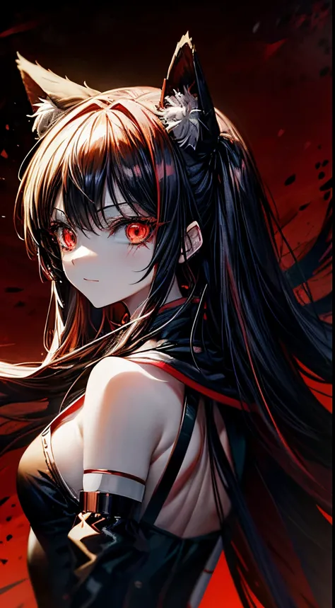 a close up of a person with a cat ears and a red background, with red glowing eyes, with glowing red eyes, demon anime girl, evil smile and glowing eyes, anime monster girl, anime moe artstyle, gapmoe yandere grimdark, digital art from danganronpa, demon s...