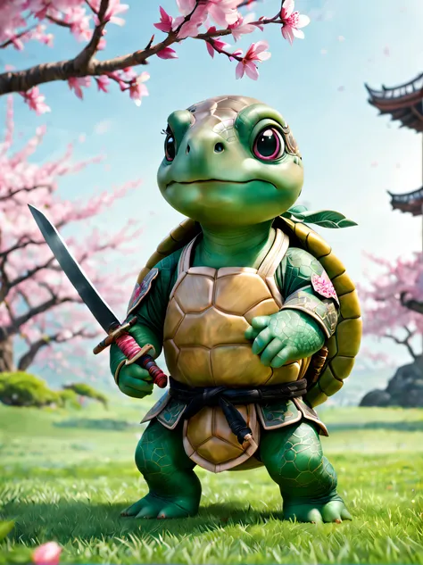 A cute little green turtle standing on the grass, ,Wearing ancient Chinese green martial arts uniform, holding a cute knife or sword, super adorable, largeeyes, voluminous hair, Fluffy, Under the peach blossom tree, steins, Cute version, Fairytale, hyper H...