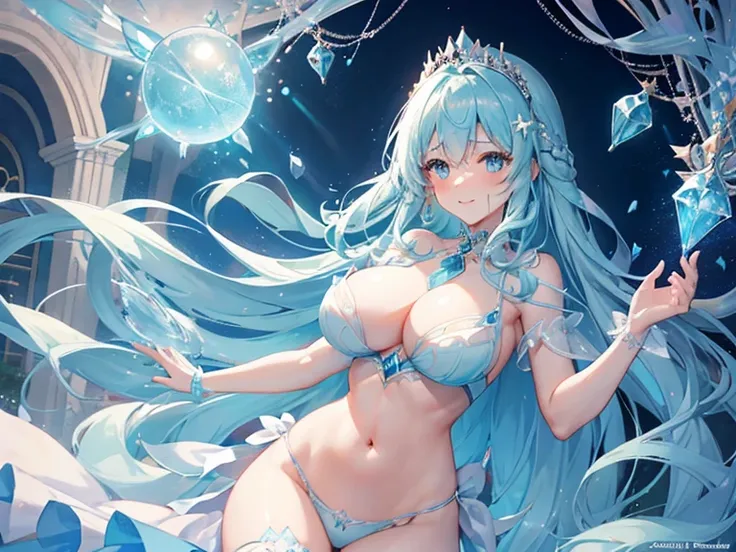 1 woman、Hair that shines like pale aquamarine、fluffy and soft hair、Sparkling aquamarine eyes、爆乳、Too large breasts、Seductive breasts、Sheer underwear、Tiara of the Goddess、goddess god々Feeling、lace cape、aquamarine choker、Castle Room、Long Lace Bale、Ruffles and ...