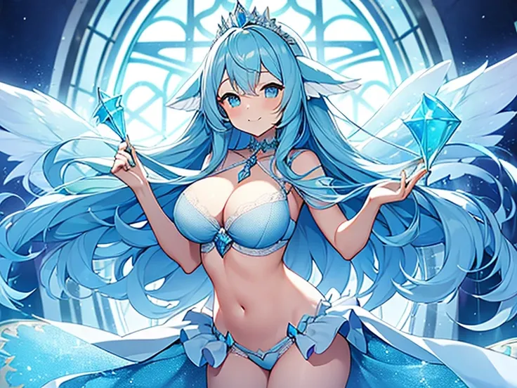 1 woman、Hair that shines like pale aquamarine、fluffy and soft hair、Sparkling aquamarine eyes、爆乳、Too large breasts、Seductive breasts、Sheer underwear、Tiara of the Goddess、goddess god々Feeling、lace cape、aquamarine choker、Castle Room、Long Lace Bale、Ruffles and ...