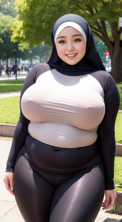 masterpiece, high quality photos, detailed photos, beautiful chubby Malay woman wearing a hijab, has super plump breasts, wearing a tight t-shirt, sexy leggings, big buttocks, posing smiling in the park, detailed body description, detailed facial descripti...