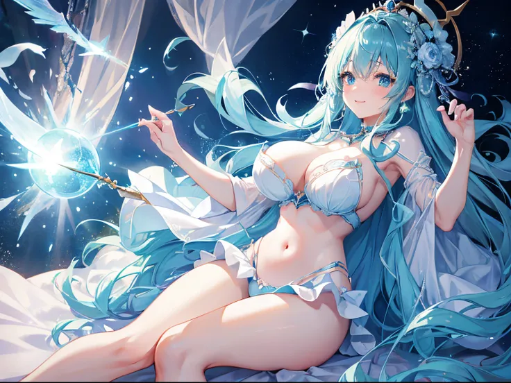 1 woman、Hair that shines like pale aquamarine、fluffy and soft hair、Sparkling aquamarine eyes、爆乳、Too large breasts、Seductive breasts、Sheer underwear、Tiara of the Goddess、goddess god々Feeling、lace cape、aquamarine choker、Castle Room、Long Lace Bale、Ruffles and ...