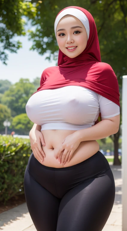 masterpiece, high quality photos, detailed photos, beautiful chubby Malay woman wearing a hijab, has super plump breasts, wearing a tight t-shirt, sexy leggings, big buttocks, posing smiling in the park, detailed body description, detailed facial descripti...