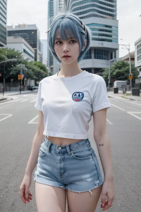 1 neo genesis evangelion ayanami rei girl character, short blue hair, wearing plain white shirt, denim shorts, city, absurdres, high res, ultrasharp, 8K, masterpiece, looking at viewer