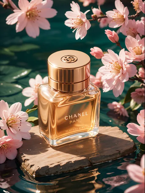 (super realistic scene), makeup bottle, cherry blossom background, water, sunlight, low perspective, blender, product rendering, HD 8K, ultra-detailed, luxury commercial photography, gucci and chanel cosmetic, ((no people, product only: 1.3))