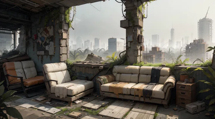 lounge ,decrepit cyberpunk furniture set in the midst of an overgrown, post-apocalyptic urban jungle, nature reclaims, overgrowt...