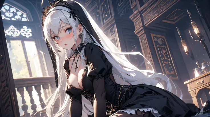 best quality, masterpiece, solo, 1 girl, nun, white hair, long hair, medium breasts, cleavage dress, gothic lolita, black silk stocking, high heels, hair ribbon, cross necklace, collar, chains, handcuffs, nose blush , kneeling, indoor, castle, skirt lift