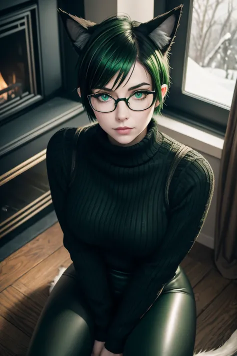 1 goth miqote woman, cat ears with green tips, (black and green short wolf cut hair with green highlights), freckles, pale skin, black cat tail, (glasses), green eyes, green lipstick, thick thighs, very shallow DOF, (film grain), (masterpiece), (detailed f...