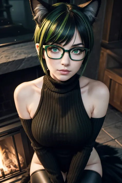 1 goth miqote woman, cat ears with green tips, (black and green short wolf cut hair with green highlights), freckles, pale skin, black cat tail, (glasses), green eyes, green lipstick, thick thighs, very shallow DOF, (film grain), (masterpiece), (detailed f...