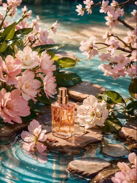 (super realistic scene), makeup bottle, cherry blossom background, water, sunlight, low perspective, blender, product rendering, HD 8K, ultra-detailed, luxury commercial photography, gucci and chanel cosmetic, ((no people, product only: 1.3))