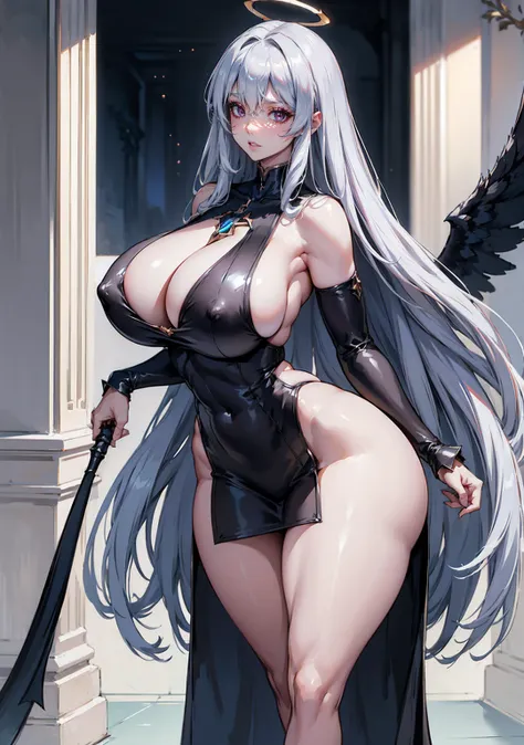 8k,best quality, ray tracing, estilo anime ufotable, majestic dark angel, pale skin, stunning beauty, divine robes, divine Halo, large dark black wings, long shiny silver hair, big breasts, wide hips, thick thighs.