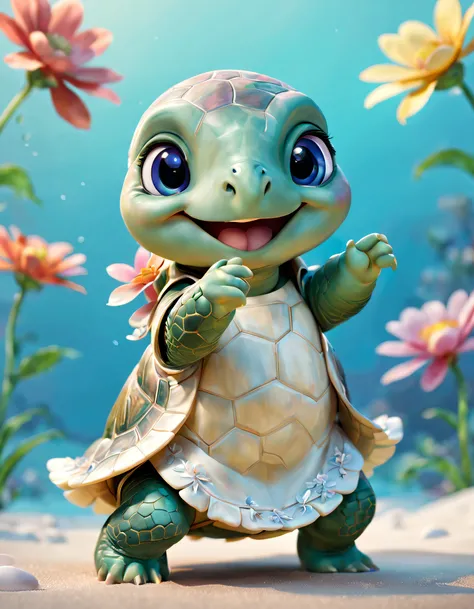 pixar-style, Super cute anthropomorphic turtle smiling baby, dances , optics , flower  sea, Pastel background , big bright eyes, , Wearing elegant Chinese white Hanfu, Happy smile, Delicate and delicate, Fairytale, hyper-high detail, pixar-style, vibrant w...