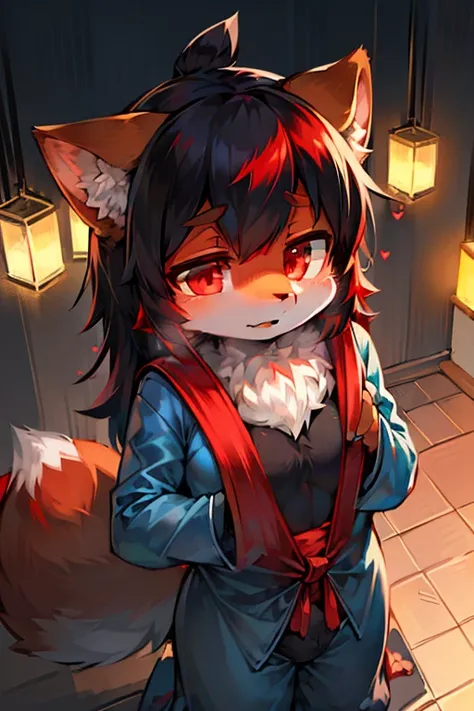 Eyes are bright, in a panoramic view, Soon，（Gamine），Character focus.独奏, shaggy, shaggy male, malefocus, (Full Body Furry, end, Whole body covered in red and white, red color eyes，black color hair:1.2), (Red Fox，Wear blue pajamas），（the detail）（ambient light...