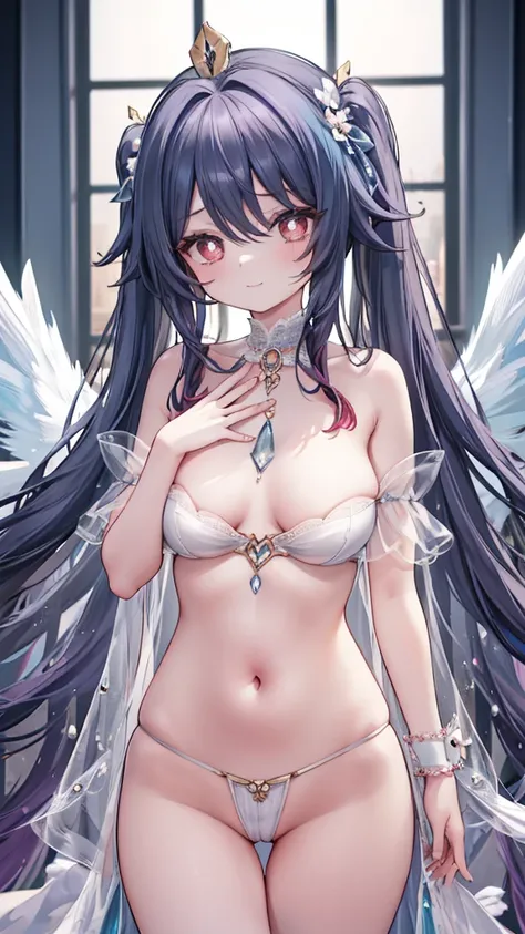 1 woman、Radiant hair、fluffy and soft hair、Sparkling eyes、爆乳、Too large breasts、Seductive breasts、Sheer underwear、Tiara of the Goddess、goddess god々Feeling、lace cape、aquamarine choker、Castle Room、Long Lace Bale、Ruffles and ribbons、A smile、The upper part of th...