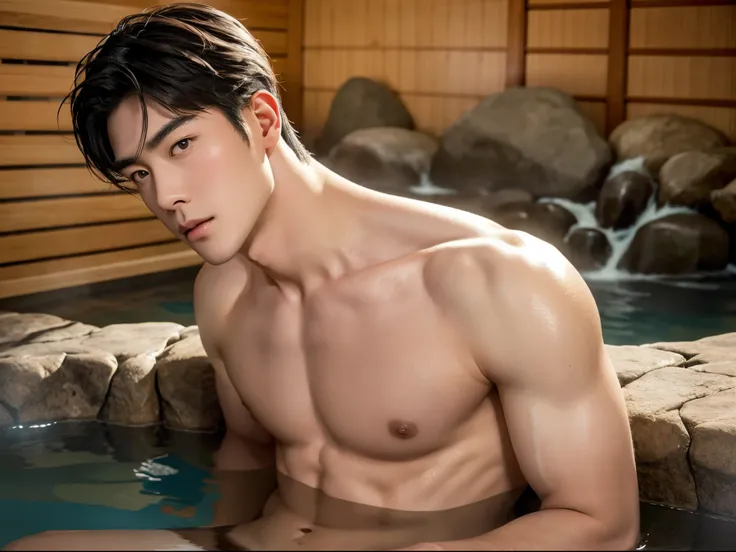 2 Japanese male athlete, perfect body, muscular, large muscles, pale skin, handsome, good facial details, nude, soaking in hot springs, sharp image, looking at camera, studio lighting, Modeling, sexy and cute, sexy poses, portraits, Japanese onsen