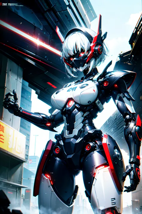 Extraordinary beautiful girl, fuselage, mechanical naked robot, mecha girl, White hair, Short hair details, (red eyes:1.3), Inorganic skin, science fantasy,intermittently, (Exoskeleton suit), (Perfect Finger, 4fingers and 1thumbs), (There are thick armors ...