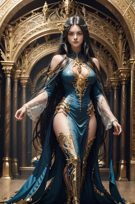 a woman ((18 years old)) with long black hair, blue eyes, smiling, statuesque and sexy body, ((full body)), , 
Victorian era style, wearing a light flowing dress, in the background crystal and gold castle with giant colorful birds, 
Daeni Pin Style, 
[Dani...