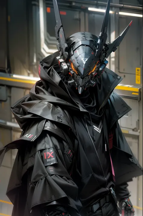 There was a boy wearing a mask and a black hood，with a knife in hand, estilo cyberpunk hiper-realista，Estilo de anime cyberpunk digital，cores ciano