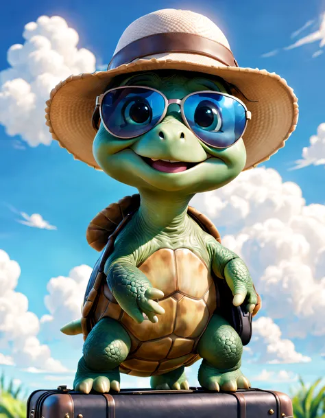 pixar-style, A cute little turtle, Wearing hat and sunglasses，Carrying the suitcase home, with blue sky and white clouds, big bright eyes, adorable smile,octaneratingrendering, Unreal Engine5, style of artstation, 8K, Detailed pubic hair, highy detailed