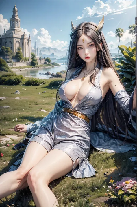 realistic, 1 women, best quality, 12k, HD, long hair, big round breasts, cleavage, ponytail, necklace, jewelry, shorts, short jacket, slim hips, hair tie, yellow eyes, black hair, super detailed, Eye details, hair details, person details, mouth details, fa...