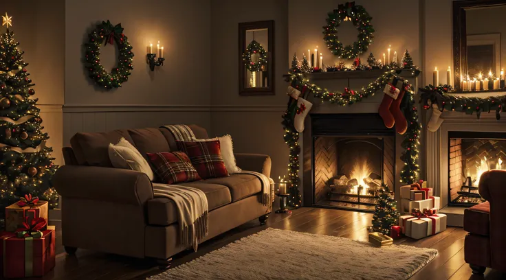 indoor, night time, cozy vibe, Christmas themed room, a single fireplace, cozy ambiance, warm lighting, holiday decorations, festive atmosphere, soft glow, ornaments, stockings, presents, wreath, garland, twinkling lights, comfortable furniture, festive co...