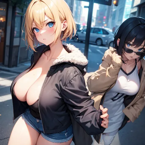 2D Anime Style、Blue eyes、breasts are slightly larger、A cool adult woman with short blonde hair and an angry expression,独奏,walking in city, (masutepiece, Best Quality;1.3)), ultra-detailliert, 8k unity wallpapers, nffsw, Ray tracing, Illustration, Colorful,...