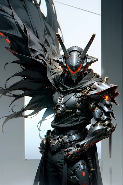 Dark_Fantasy,Cyberpunk,1manMechanical marvel,Robotic presence,Cybernetic guardian, samurai mechanical armour, katana on the waist, absolutely stunning art,wearing a black cloak, highest quality art, highest resolution, hyper detailed,black and red, futuris...