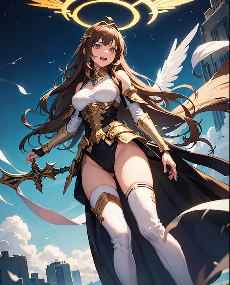 fantasy, 1angel_girl,child, loli,brown_hair, medium_bob_hair, long_bangs, halo,bare_shoulder,thighhighs,silver_armor, waist_armor, large_breasts,angry,grinning,open_mouth_teeth, 1pair_wings, dynamic_pose_fighting,floating, bare_crotch, headgear,gauntlet, g...