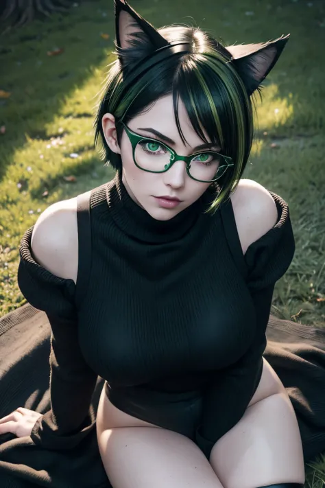 1 goth miqote woman, cat ears with green tips, (black and green short wolf cut hair with green highlights), freckles, pale skin, black cat tail, (glasses), green eyes, green lipstick, thick thighs, very shallow DOF, (film grain), (masterpiece), (detailed f...