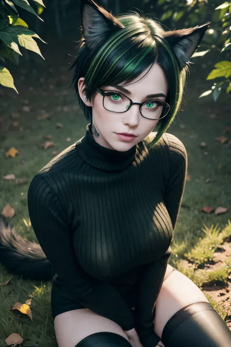 1 goth miqote woman, cat ears with green tips, (black and green short wolf cut hair with green highlights), freckles, pale skin, black cat tail, (glasses), green eyes, green lipstick, thick thighs, very shallow DOF, (film grain), (masterpiece), (detailed f...