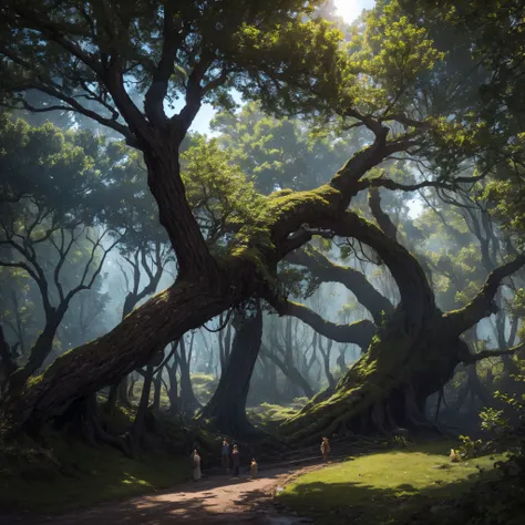 The setting is a vast, sprawling tree on a hillside in early spring. Its trunk is thick and aged with knots and burls that speak of storms weathered over decades. Massive roots grasp the sloping earth. Yet also emerging all along its winding branches are s...