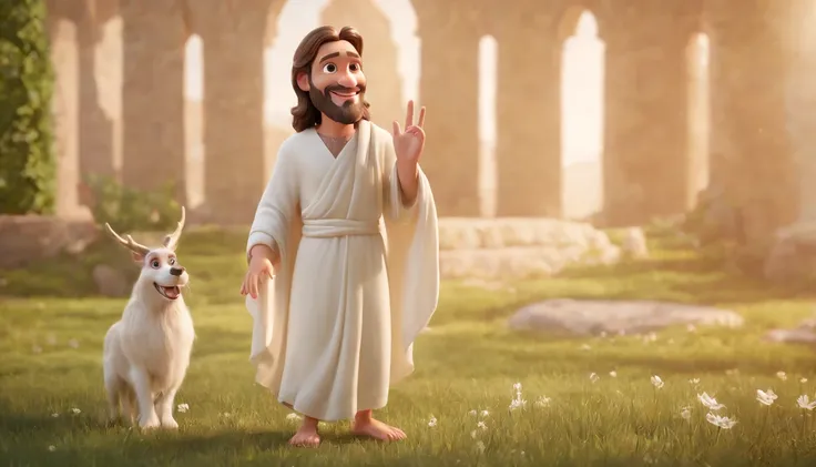 a cartoon of biblical "Generate a realistic depiction of Jesus in a garden with many people dress in white, com flores coloridas ao redor e luz suave iluminando seu rosto." high definition image, detalhamento alto e estilo fotorrealismo. Imagem com pelo me...