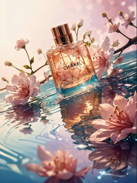 (super realistic scene), makeup bottle, cherry blossom background, water, ((taken low perspective angle: 1.5)), product renderin...