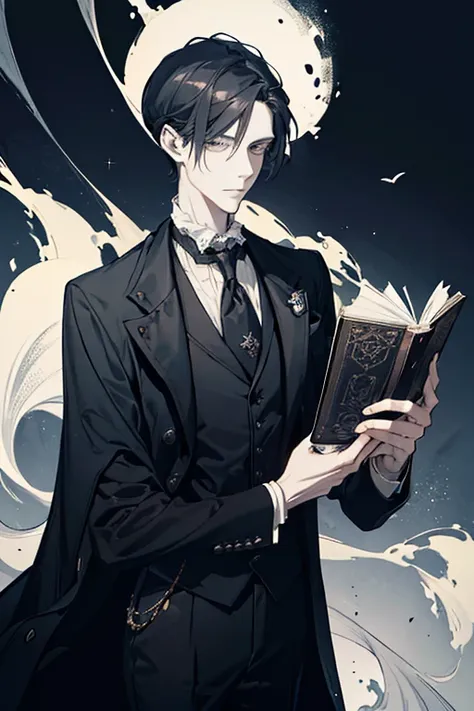 A young slender, tall man with a monocle, dressed in an old and fancy vest and coat. He is giving a gloomy and sick look, with a thick and luxuriously decorated book in his hands