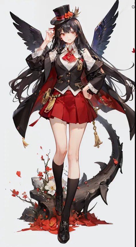 spear、Black hair with red、Vest under blazer、Small top hat and floral ornament on the right、Bone wings on the back、lowfers、knee sox、Hot pants inside the skirt